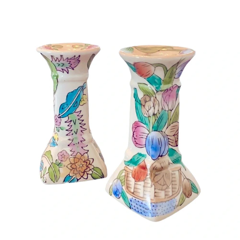 Vintage Chinoiserie & Floral Style Taper Candlestick Holders - set of 2